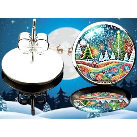 Christmas Tree Earrings New Festive Party Small Posts Winter Holiday Celebration - Picture 3 of 10